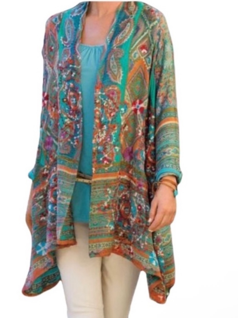 Soft Sorroundings Miravilla Embroidered Boho Paisley Open-Front Kimono
